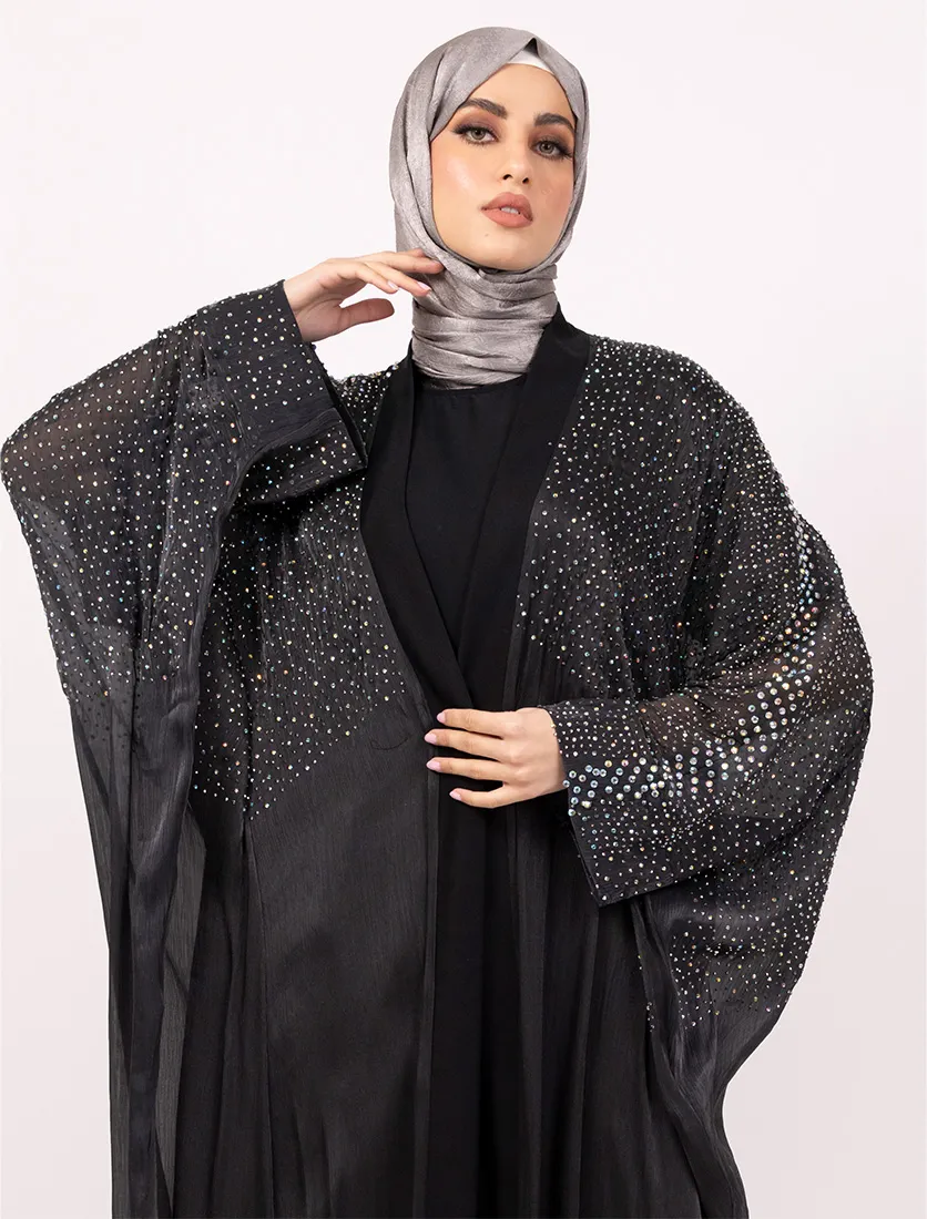 Black Sparkle Crystal Embellished Sheer Overlay Abaya